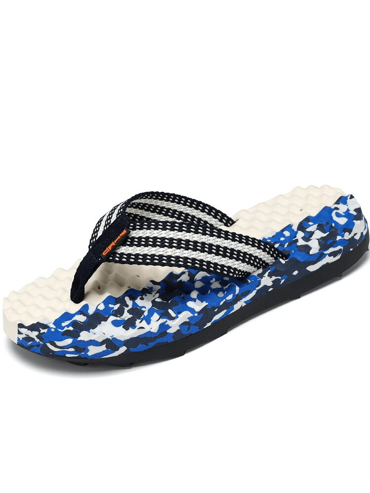 Stylish non-slip massage slipper for men featuring a sleek blue and white camo design, ideal beach footwear with rubber sole and comfort insoles.